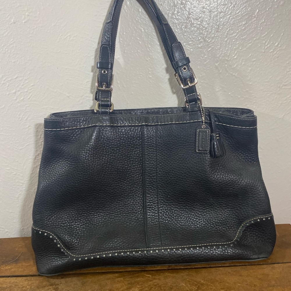 Coach Black Hamptons Pebbled Leather Shoulder Tote with Contrast Stitching
